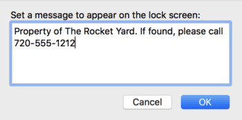 Enter a message to appear on your Mac's lock screen, then click OK