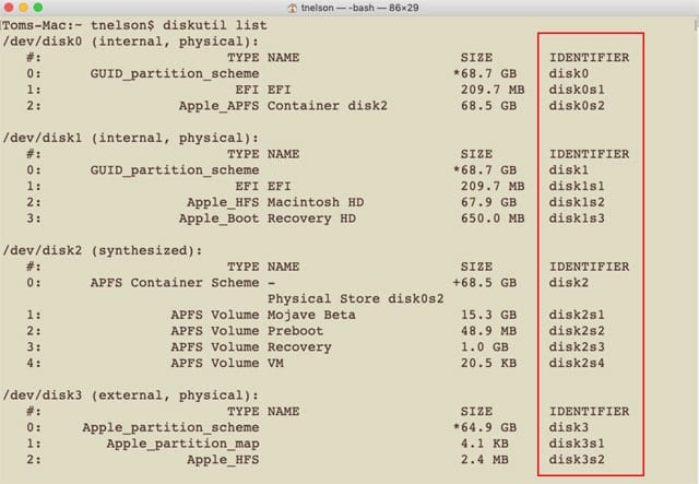 The diskutil list command will display all storage devices attached to your Mac. The highlighted column shows the disk identifiers that may be used with other diskutil commands.