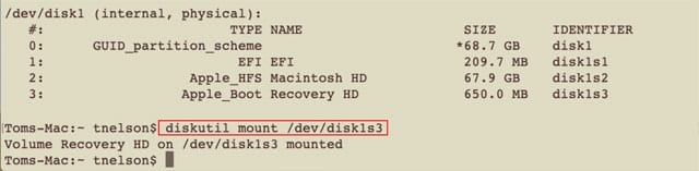 The diskutil mount command can be used to attach a volume to the Mac’s file system so you can work with it in the Finder and other Mac utilities.