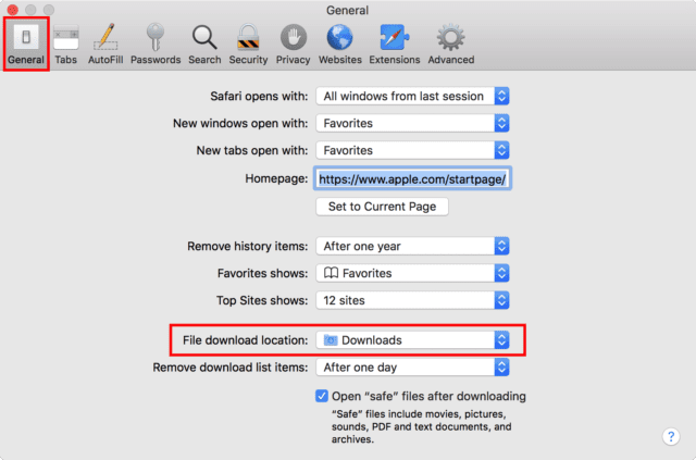 The macOS Safari Preferences window, opened to the General pane