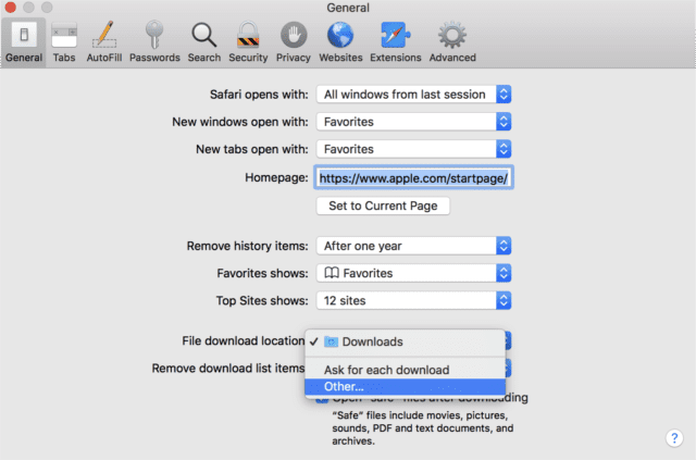 Select Other... to navigate to the folder where you want Safari to store downloaded files