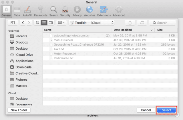 Navigate to the folder where you'd like to save downloaded files, then click the Select button