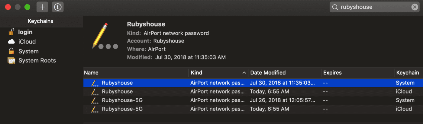 Searching for Wi-Fi networks with an SSID of "rubyshouse" in Keychain Access