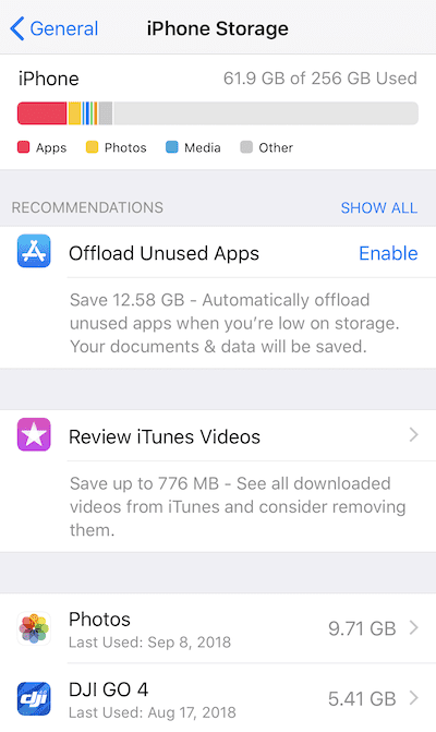 (iPhone Storage - showing ways to optimize available storage)