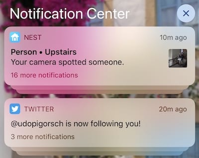 (Stacked notifications in iOS 12 Notification Center)