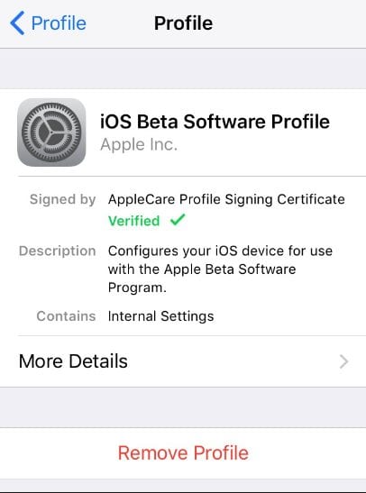 (Click 'remove profile' to opt out of the iOS 12 beta program)