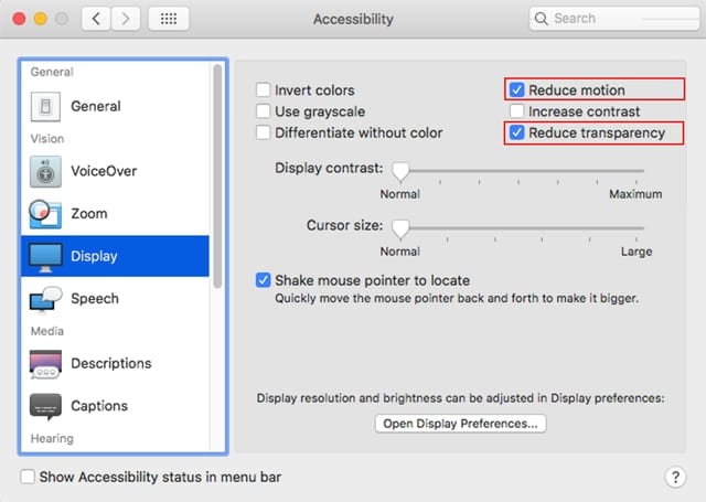 Screenshot of macOS Mojave Accessibility Display