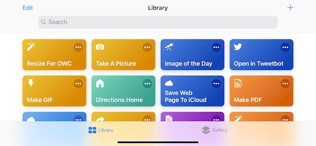 (The Shortcuts Library, showing individual shortcuts that have been created)