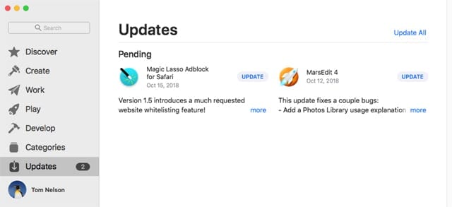 Screenshot of Mac App Store Update window