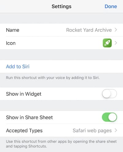 Settings on the shortcut prior to tapping Done to save it