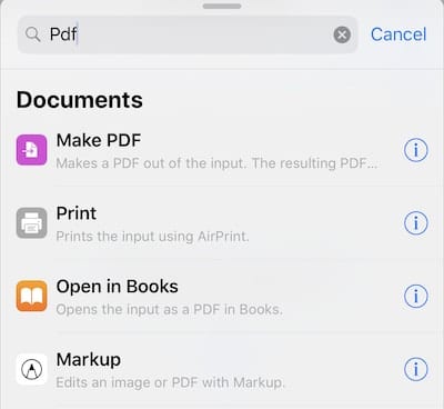 Shortcuts actions that deal with PDF files