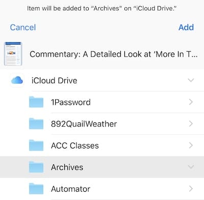 Selecting the folder on iCloud Drive to save the web page PDF into