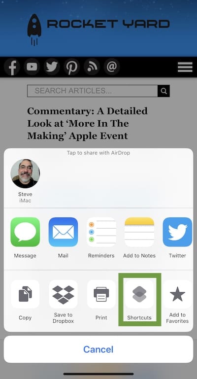 Tap Shortcuts on the share sheet to select the shortcut to run