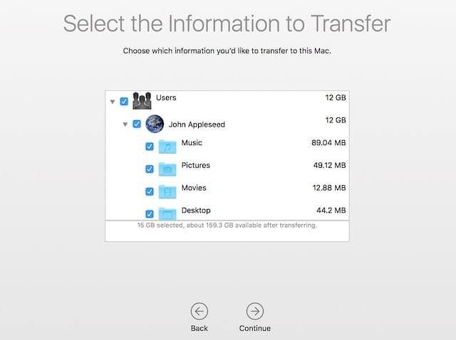 (Select the information you wish to migrate to your Mac by checking the box in front of the folder)