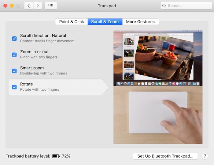 The Scroll & Zoom gesture tab in Trackpad preferences