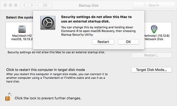 The message that appears in Startup Disk preferences when the user attempts to use an external startup disk