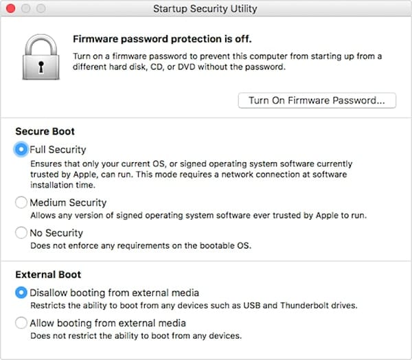 Startup Security Utility, available on new Macs with the T2 chip.