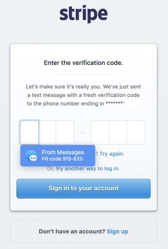 (Security Code Autofill has recognized a 2FA code and is offering to enter it with a click)