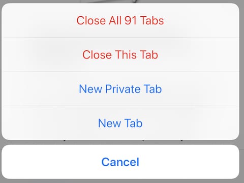 (The tabs pop-up menu, displayed after tapping and holding on the tabs button)