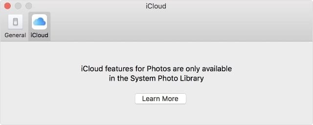 iCloud features for Photos are only available in the System Photo Library