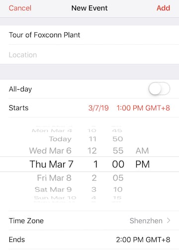 (Setting an event time zone in Calendar for iOS)