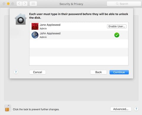 (Each user account must be enabled to use FileVault by entering a password)
