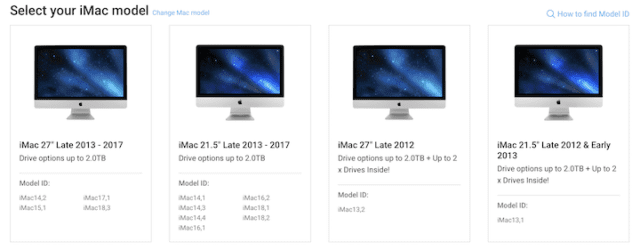 (Matching available OWC storage upgrades to the Model ID of various iMacs)