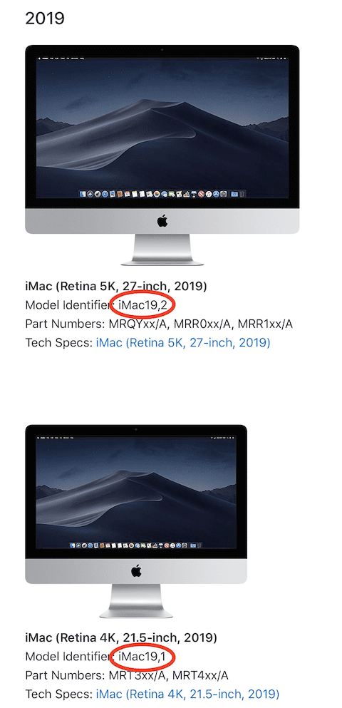 (Apple's Support page for iMacs currently displays incorrect model IDs for the 2019 releases)