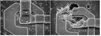 (Scanning Electron Micrograph showing before and after effects of electrostatic discharge. Image via ScanTech)