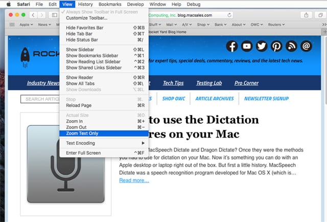 Use Safari view menu to zoom just text.