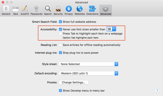 Set Safari's minimum text size.