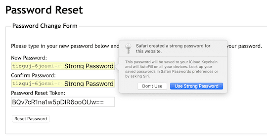 Safari creates a strong password that can be entered into the new password field and automatically saved in iCloud Keychain