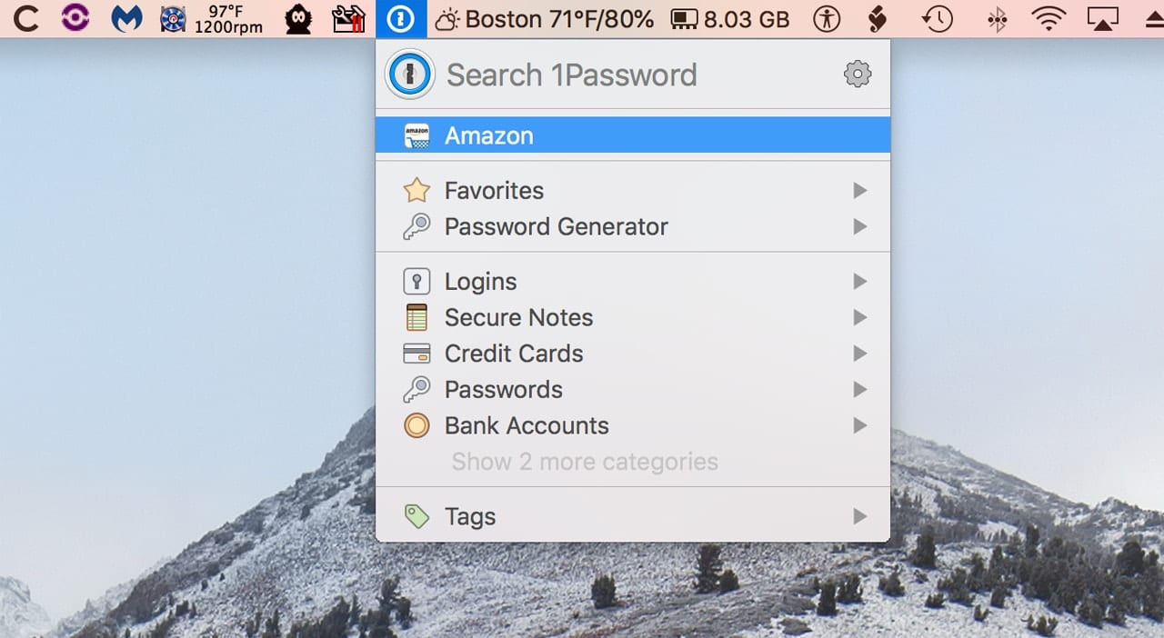 1Password mini in der Mac-Menüleiste's menu bar