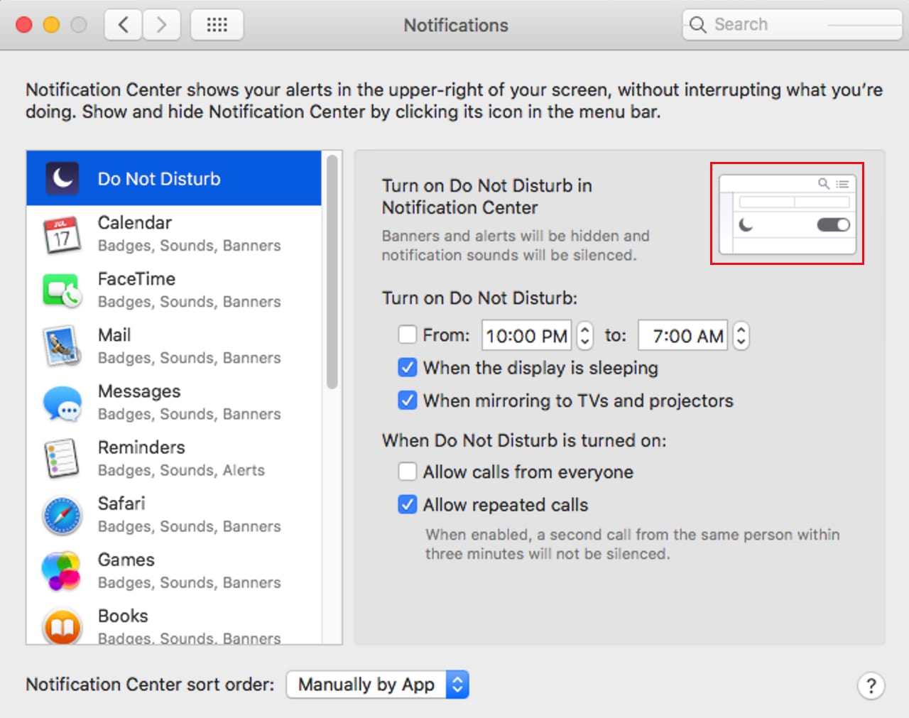 Customize Do Not Distrub settings of the Notification Center.