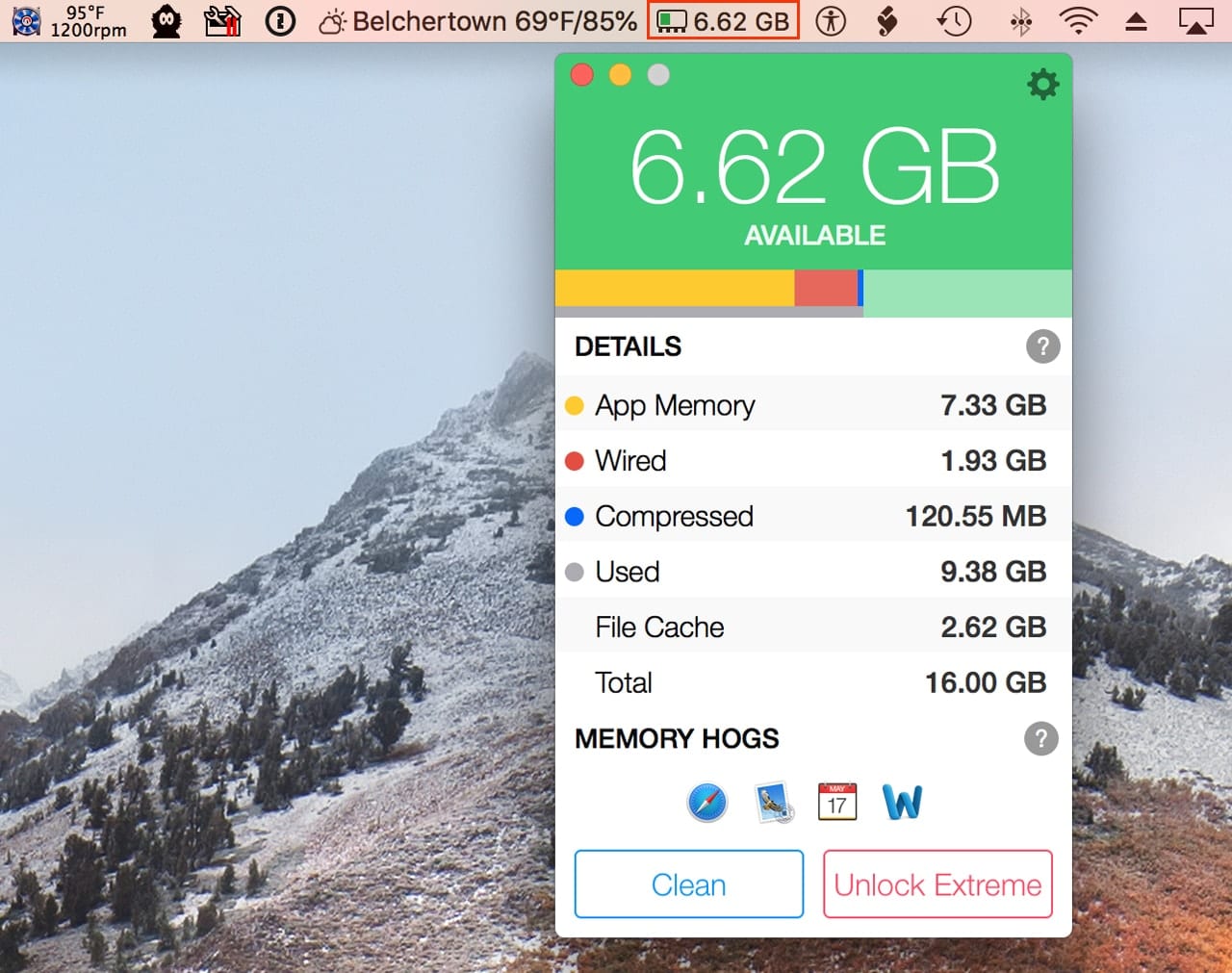 Memory Clean menu bar app.