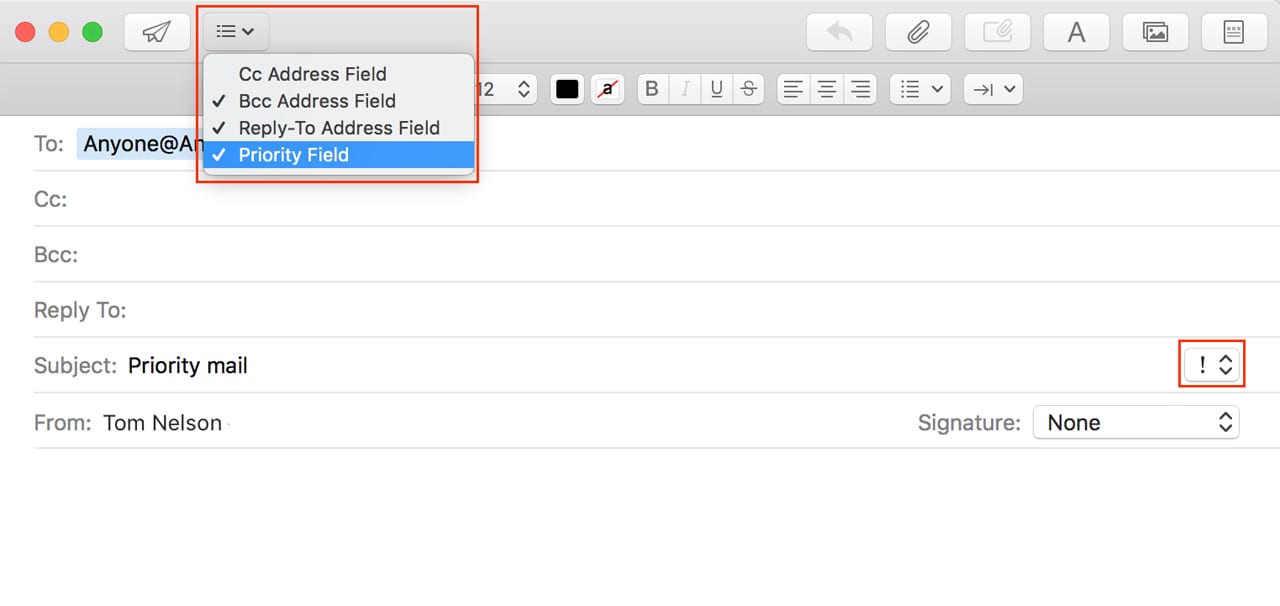 Priority field settings in a new message.