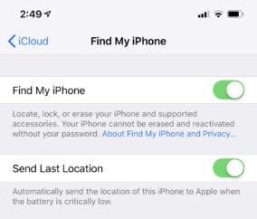 Find My iPhone Preferences Screenshot