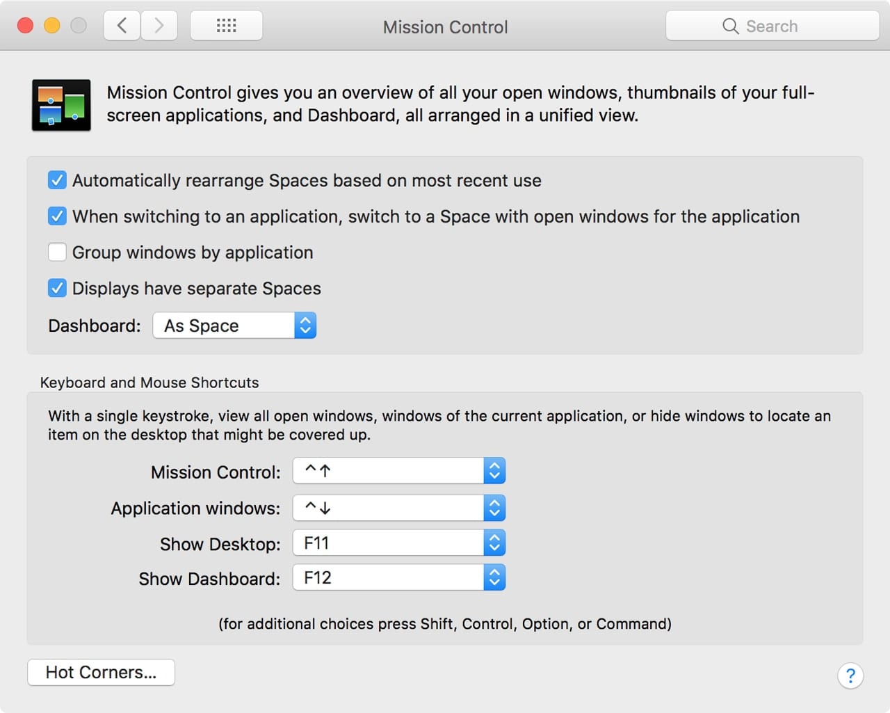 Mission Control preference pane