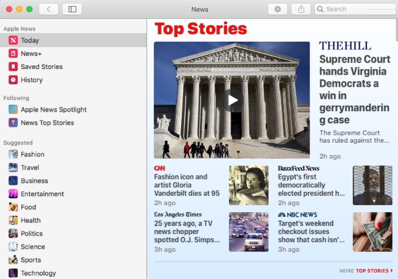 The News App running in macOS Catalina