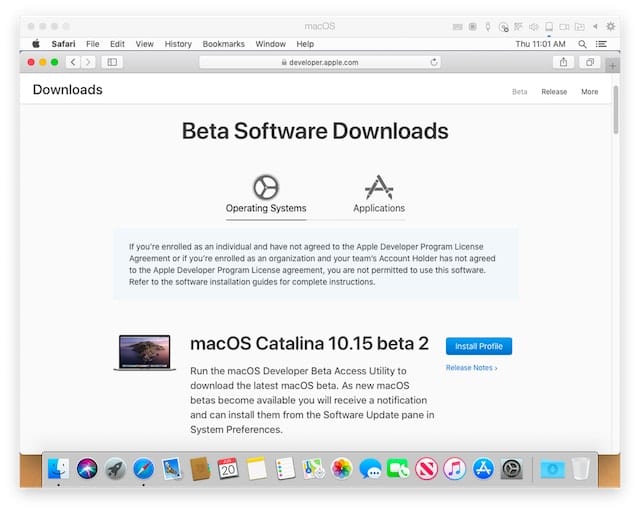 macOS Catalina Beta Software Downloads page for developers