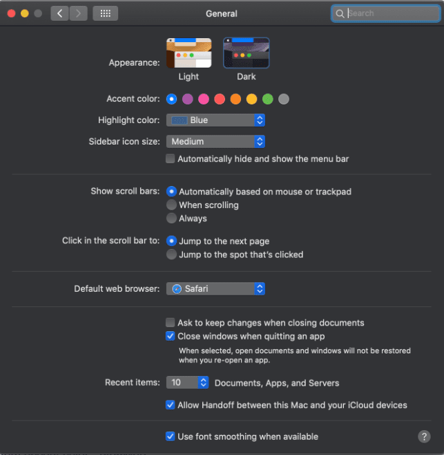 General Preferences pane in macOS Mojave