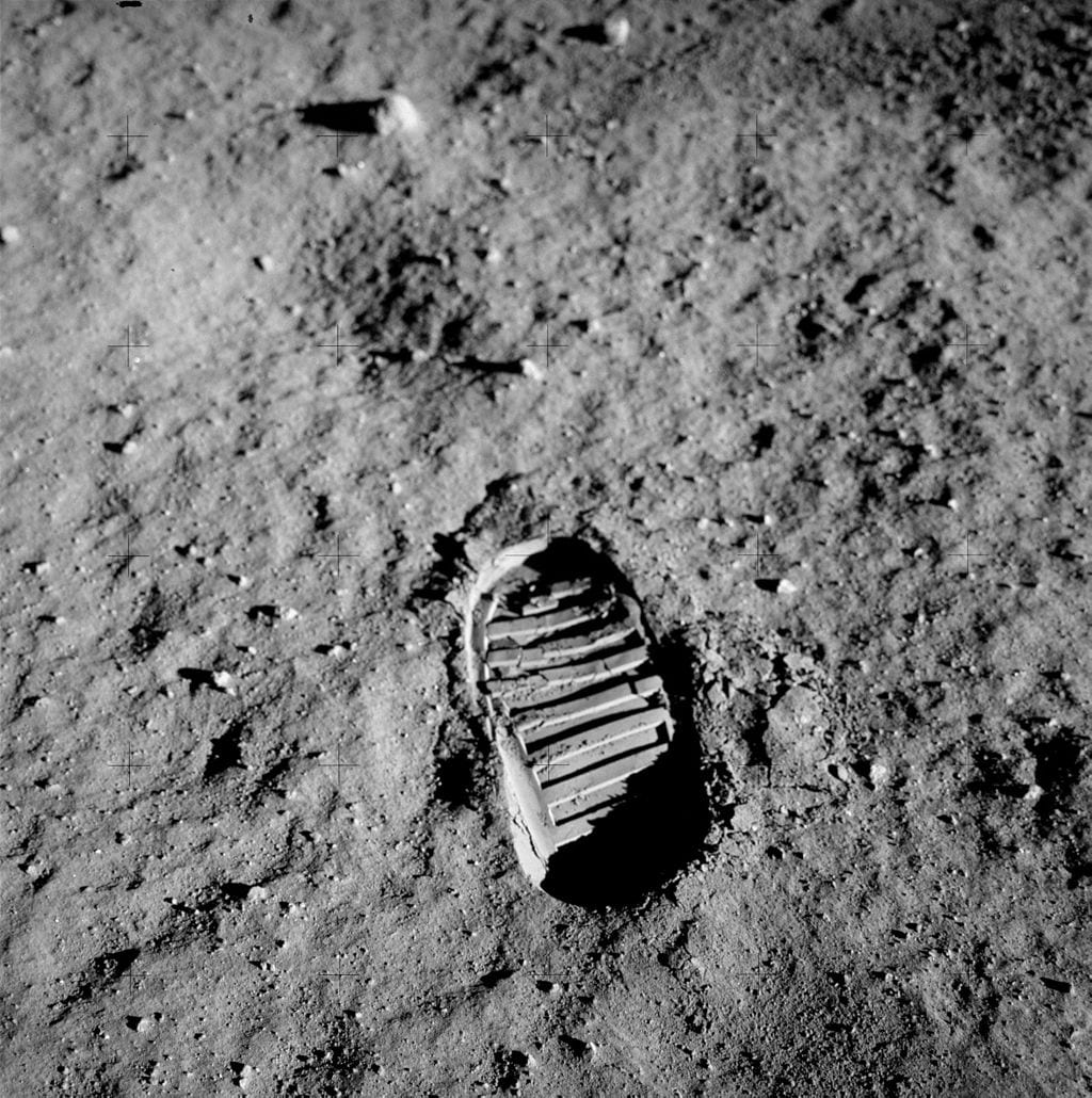 Buzz Aldrin's boot print on the lunar surface, July 20, 1969. Public domain image via NASA.
