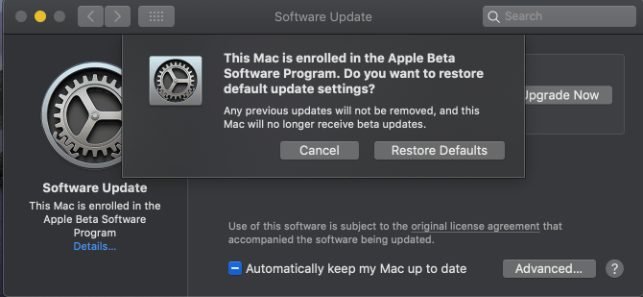 Restoring the defaults for macOS Catalina Beta