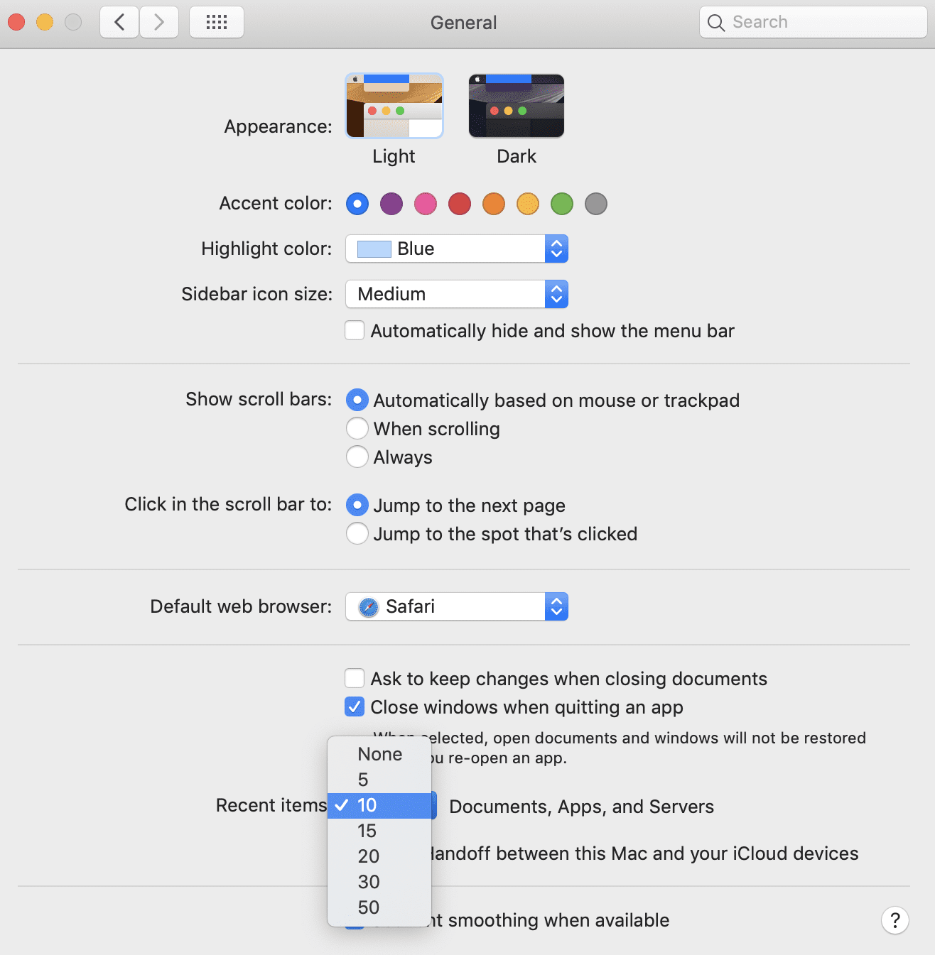 The Recent Items popup menu in System Preferences > General provides a selection of numbers of items to view