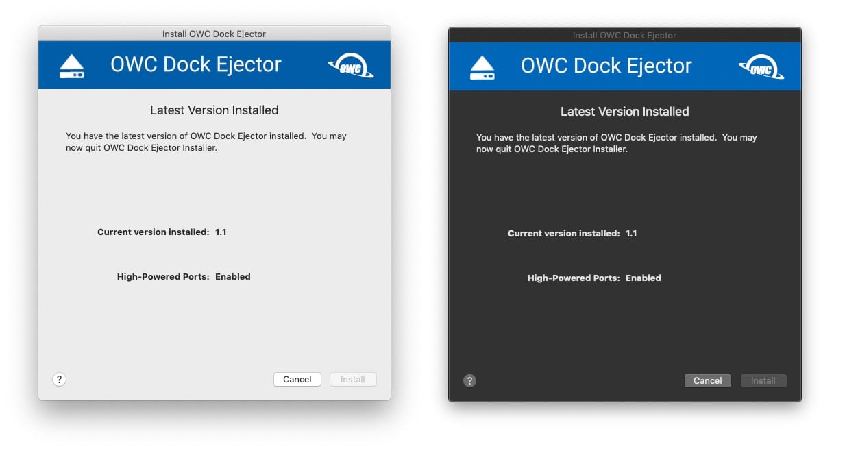 Screenshot image of the OWC Dock Ejector Installation page in both dark and light mode