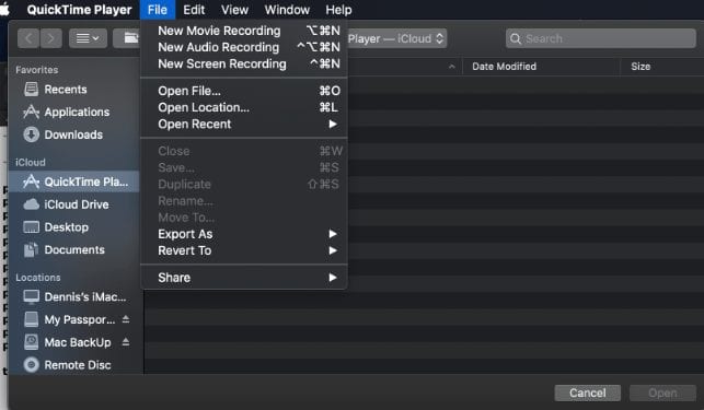 Screenshot of QuickTime Player File Menu