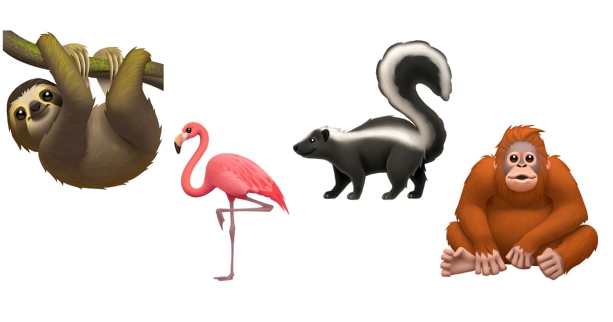 Image of sloth, flamingo, skunk and orangutan emojis.
