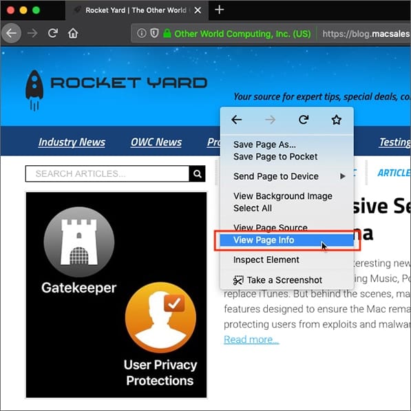 Screenshoot of firefox web browser with "View page info" menu selected