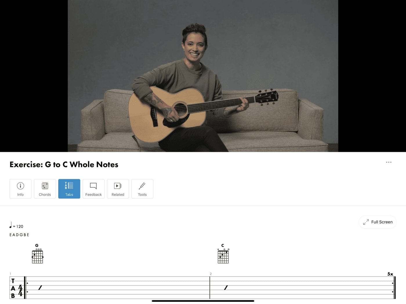 A typical Level One exercise in Fender Play showing video at top, notes and chord charts below