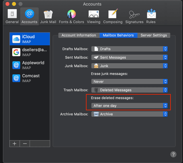 Screenshot of mac mail account preferences showing erase deleted messages after one day.
